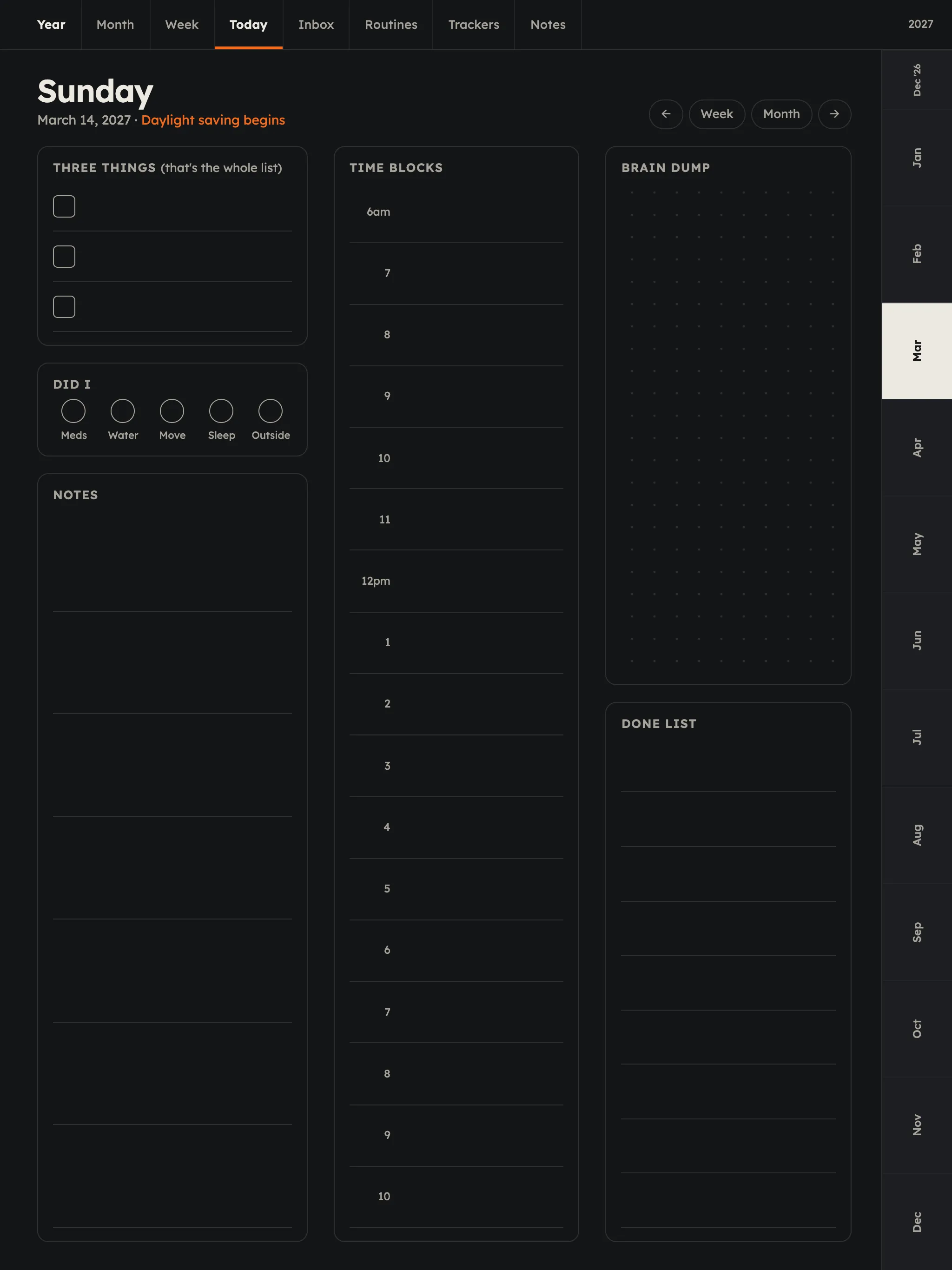 The same day page in dark mode, portrait orientation, on a near-black background with warm grey lines