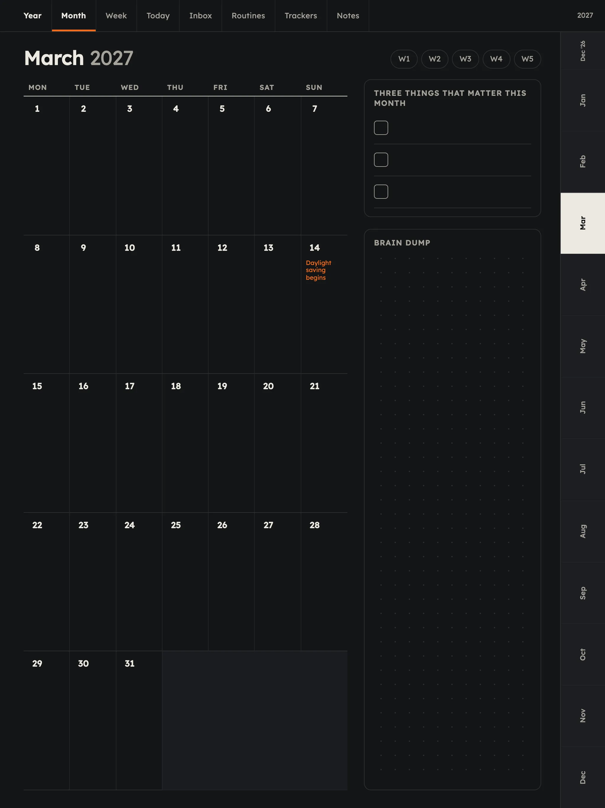 March 2027 month page in dark mode, portrait