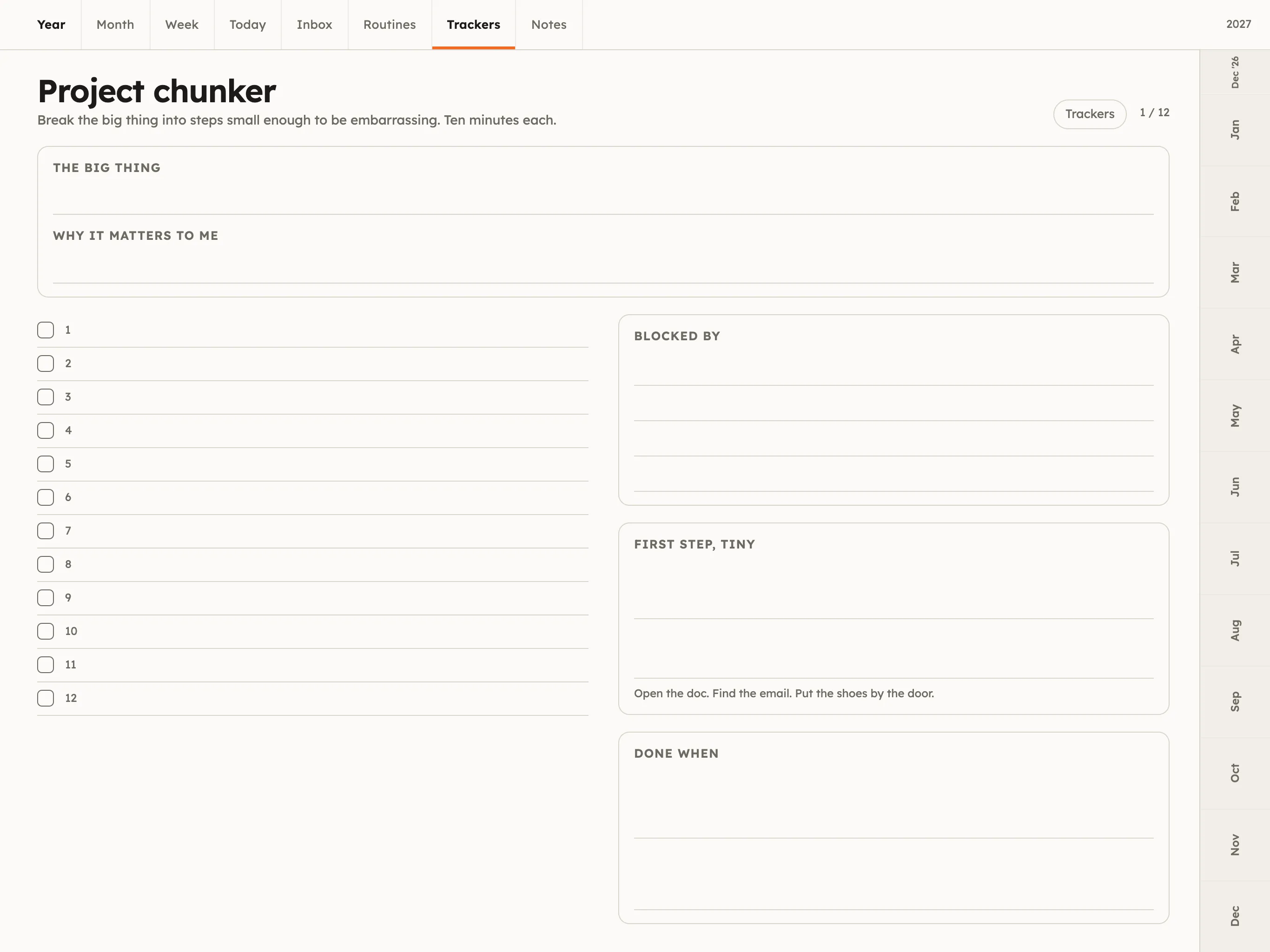 Project chunker page: the big thing, why it matters, twelve ten-minute steps, blocked by, first tiny step, done when
