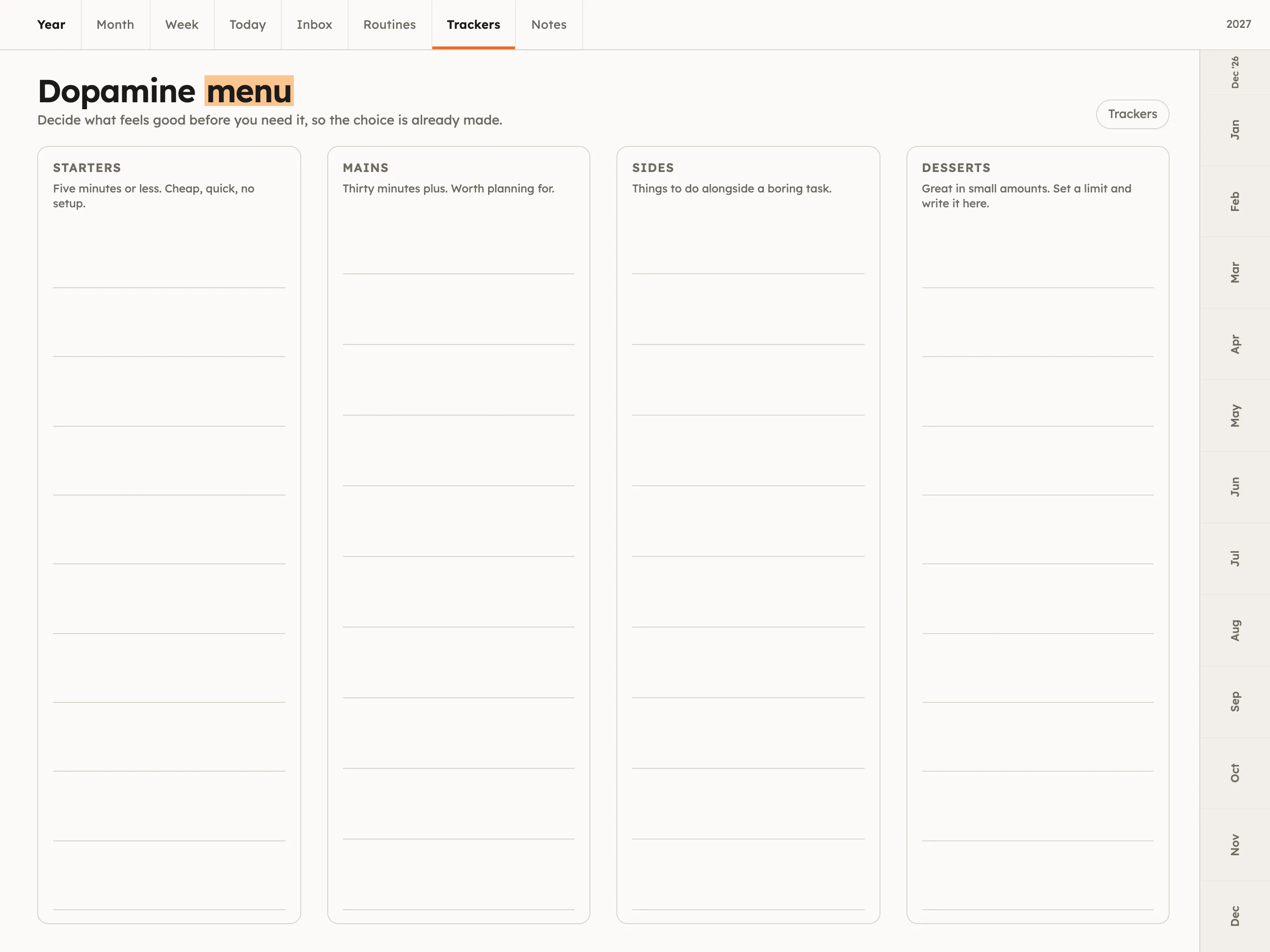 Dopamine menu page with four columns: starters, mains, sides, desserts