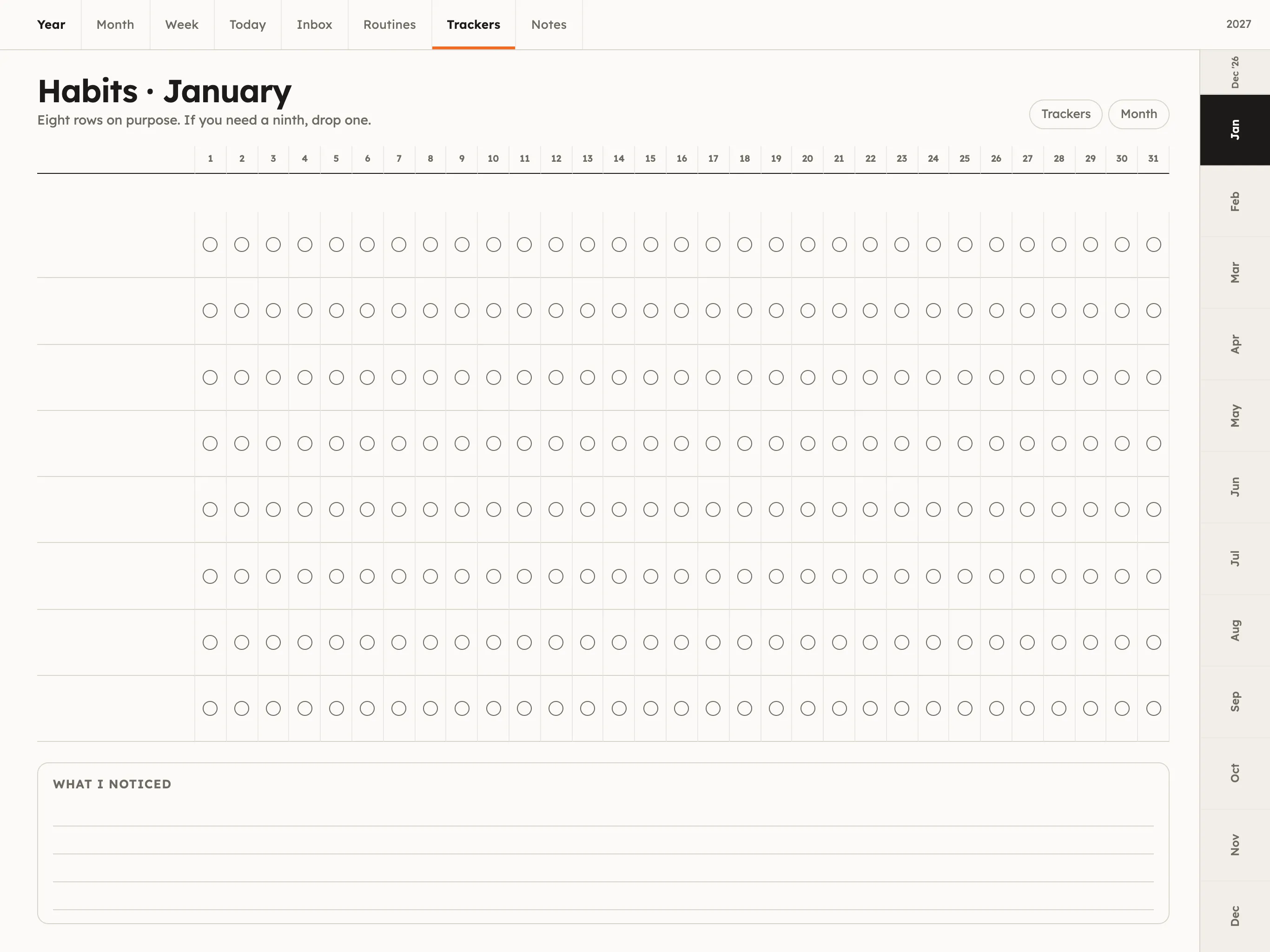 Habit tracker for January: eight rows of thirty-one circles and a what-I-noticed box