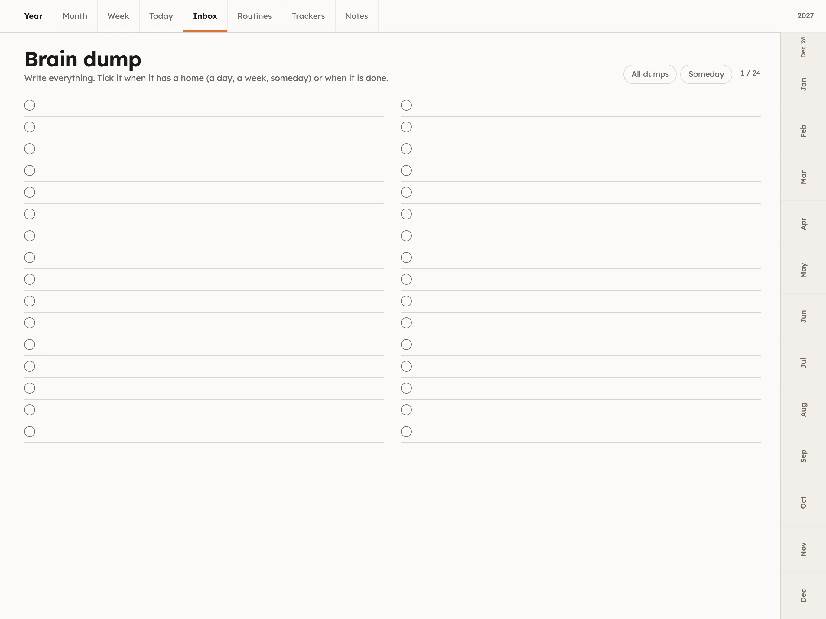 Brain-dump inbox page: two columns of thirty-two lines with circles to tick when an item has a home