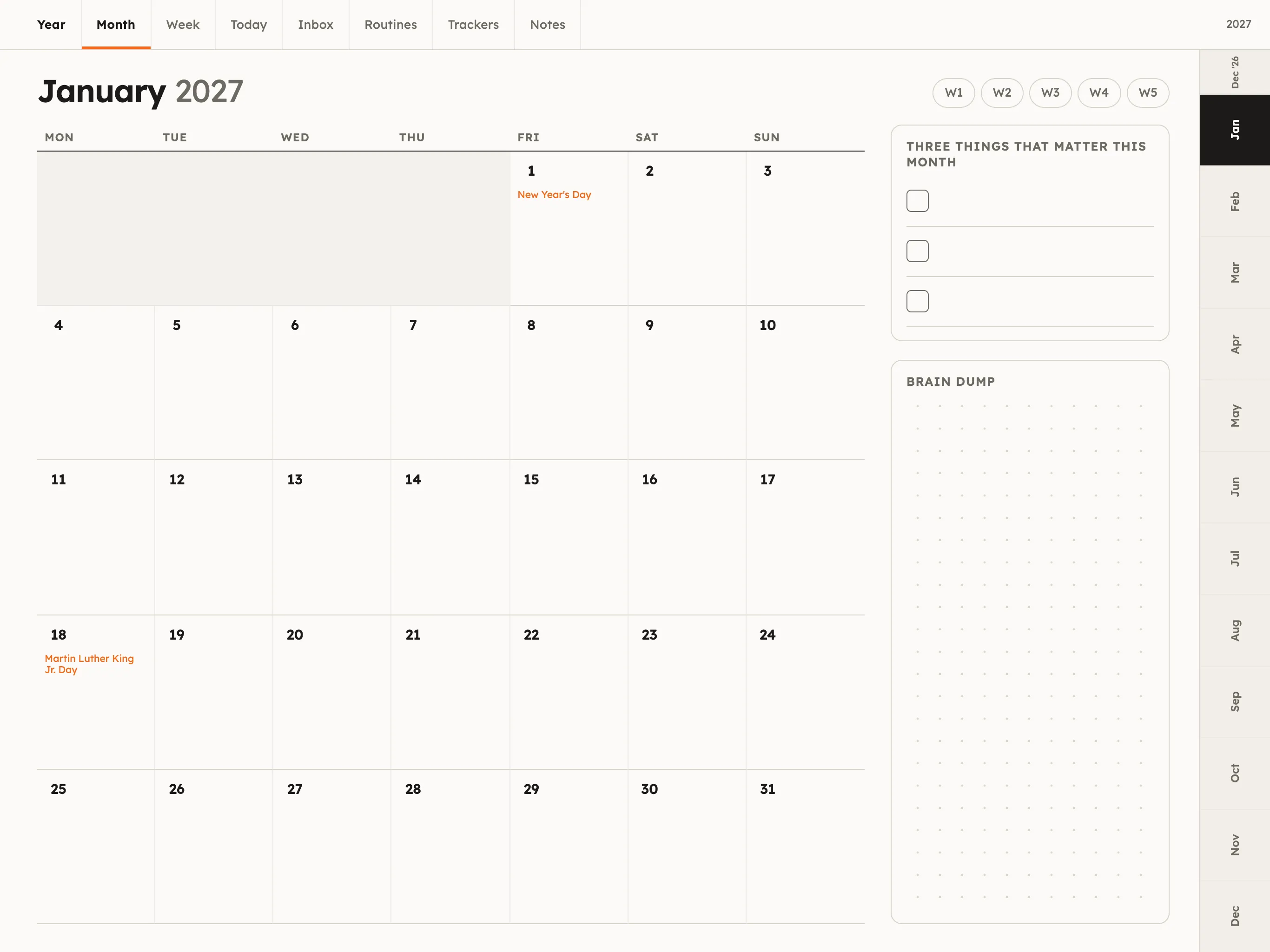 Month page for January 2027 with a tappable date grid, holidays marked in orange, three things that matter this month, and a brain dump