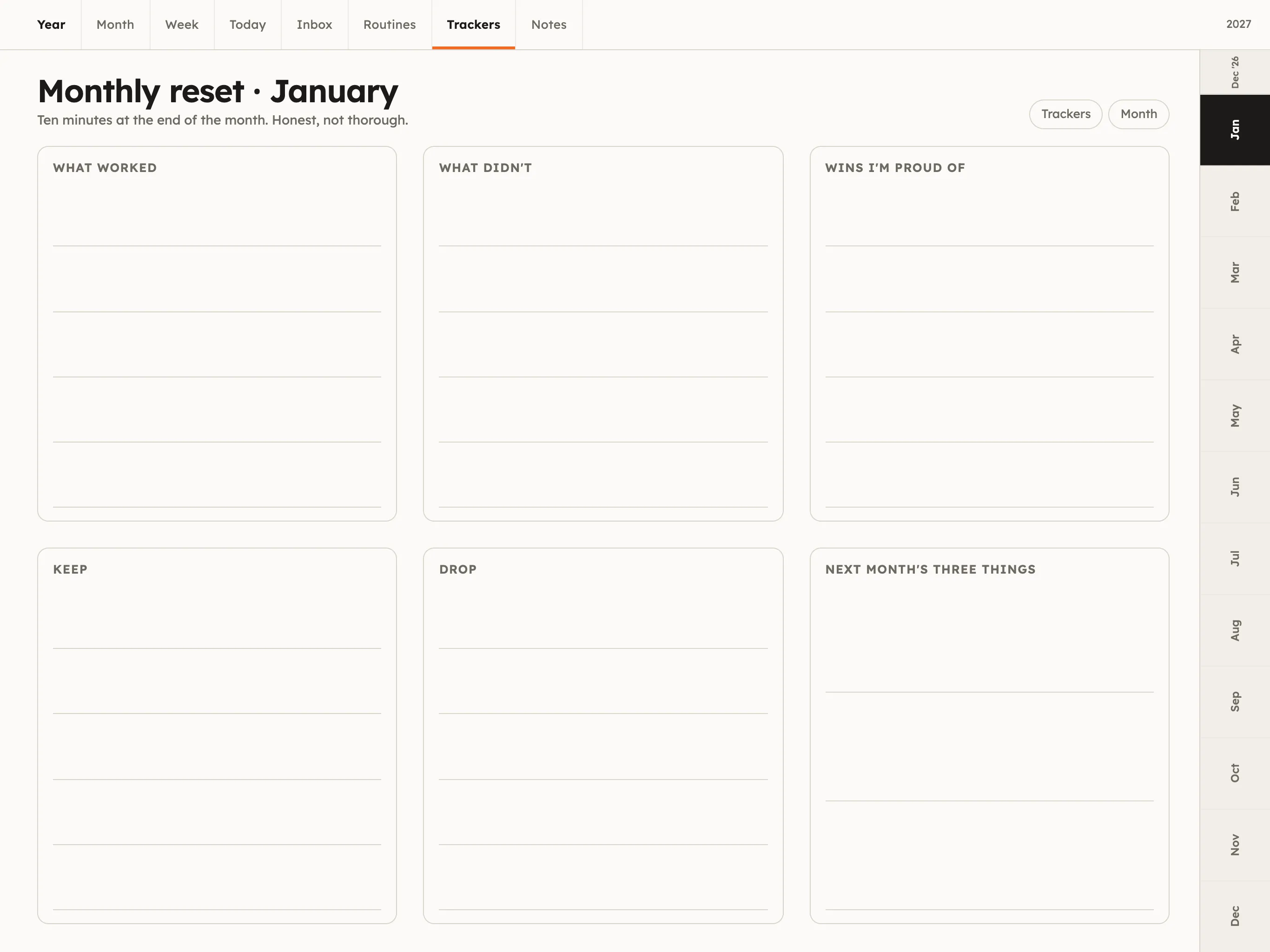 Monthly reset page with six boxes: what worked, what didn't, wins I'm proud of, keep, drop, next month's three things