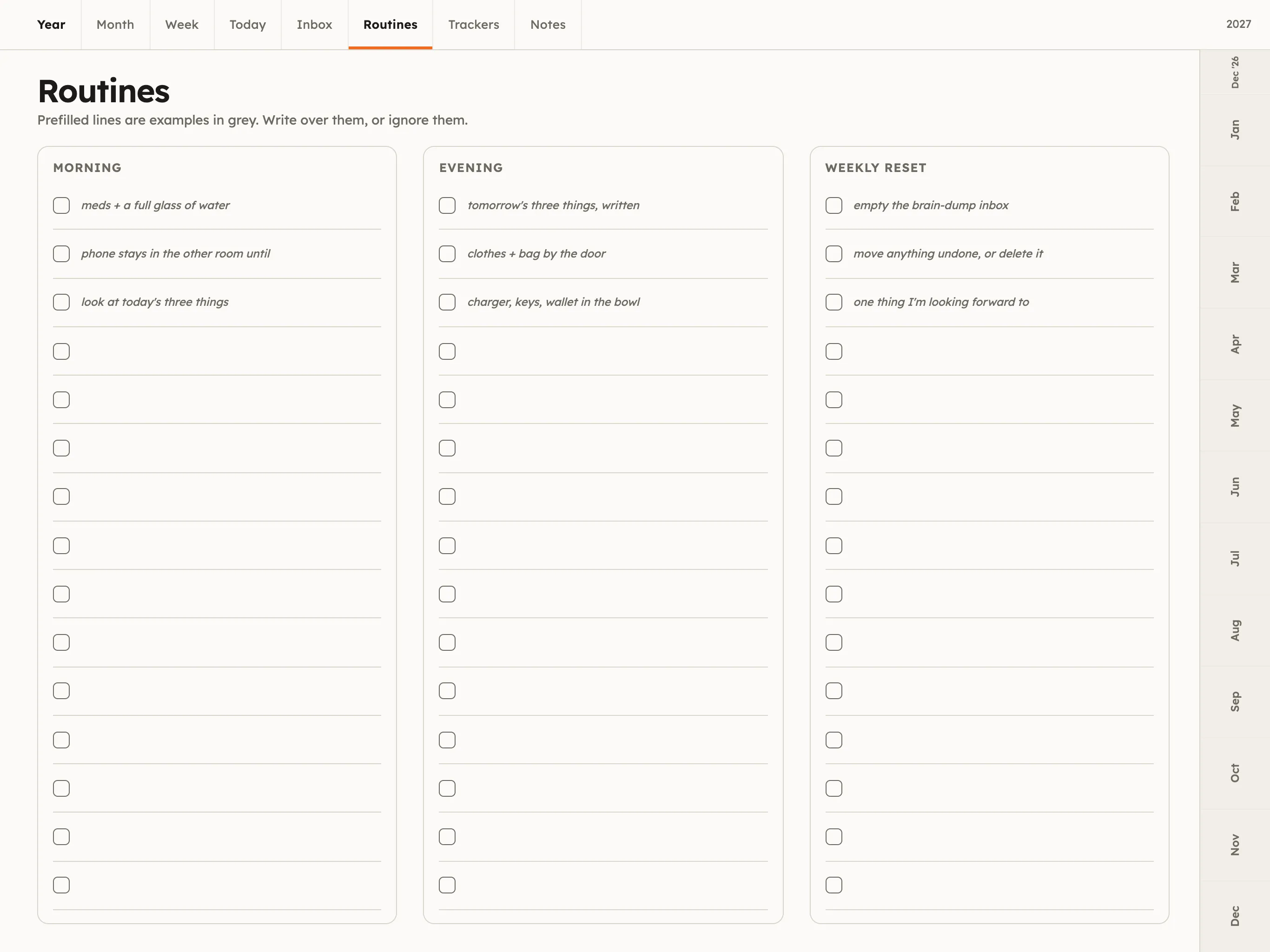 Routines page with morning, evening and weekly reset checklists; example lines are prefilled in grey italics