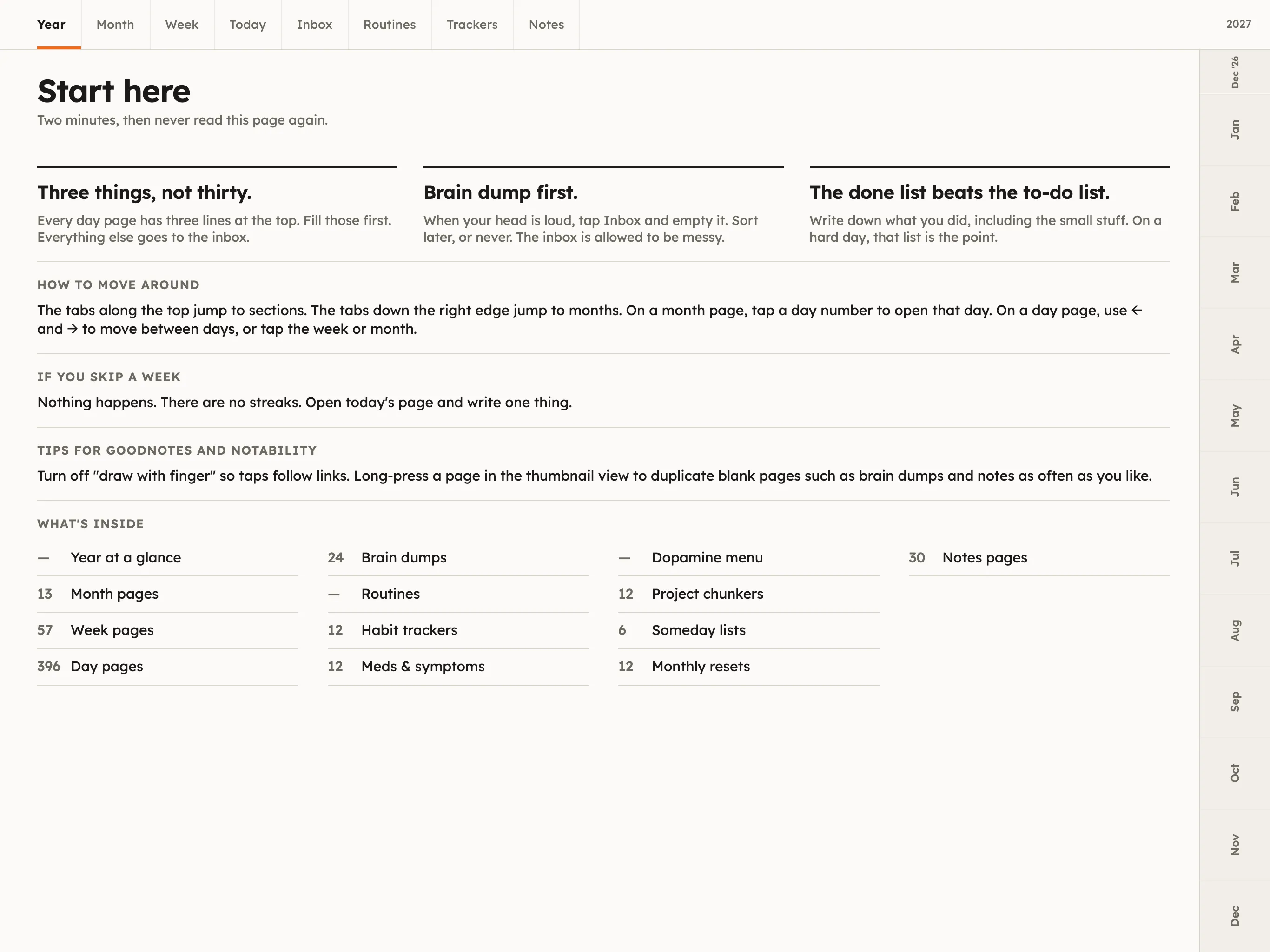 Start here page explaining the three rules, how to move around, what happens if you skip a week, and tips for GoodNotes and Notability