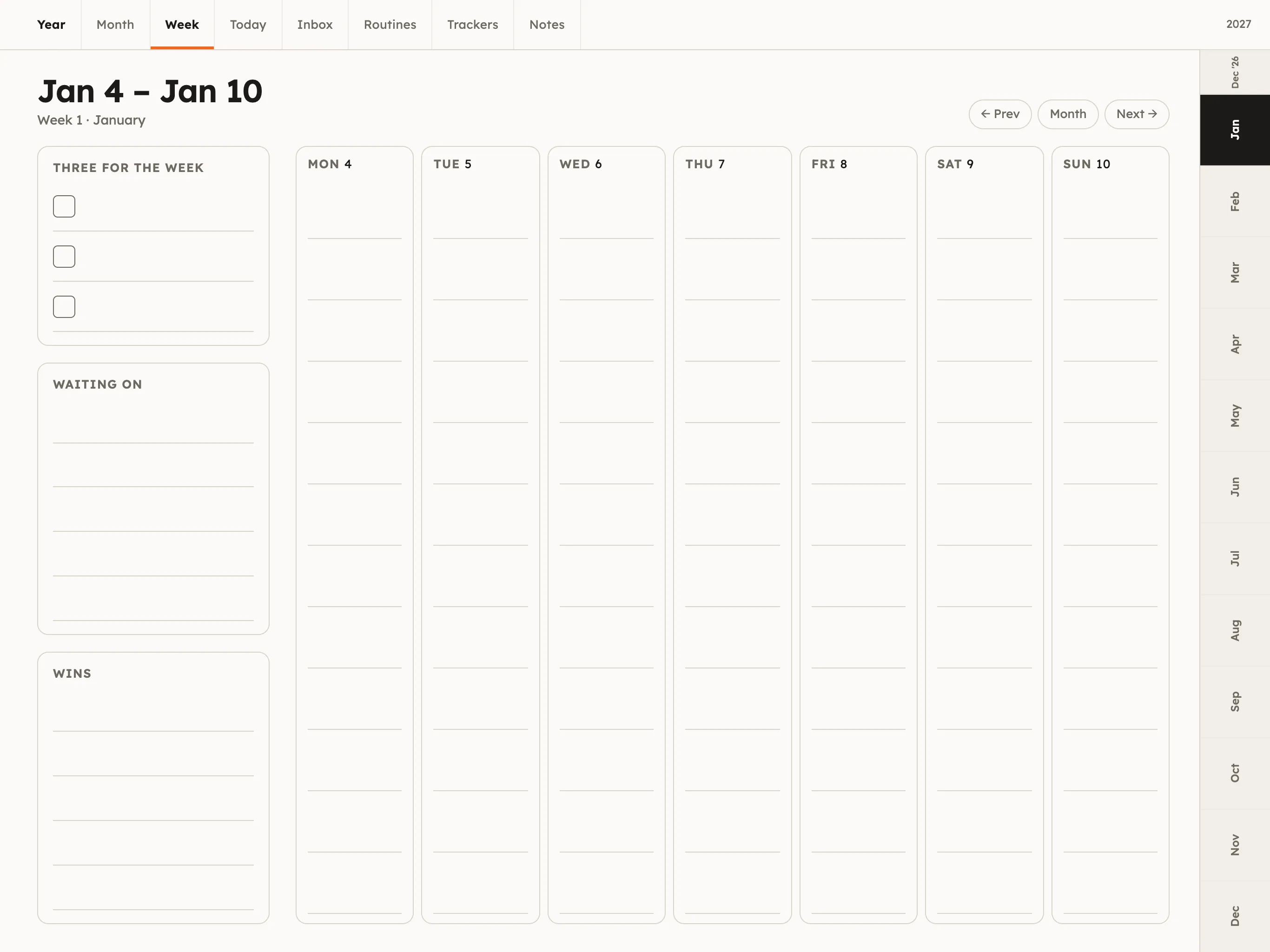 Week page: three for the week, waiting on, wins, and a lined column for each day from Monday to Sunday
