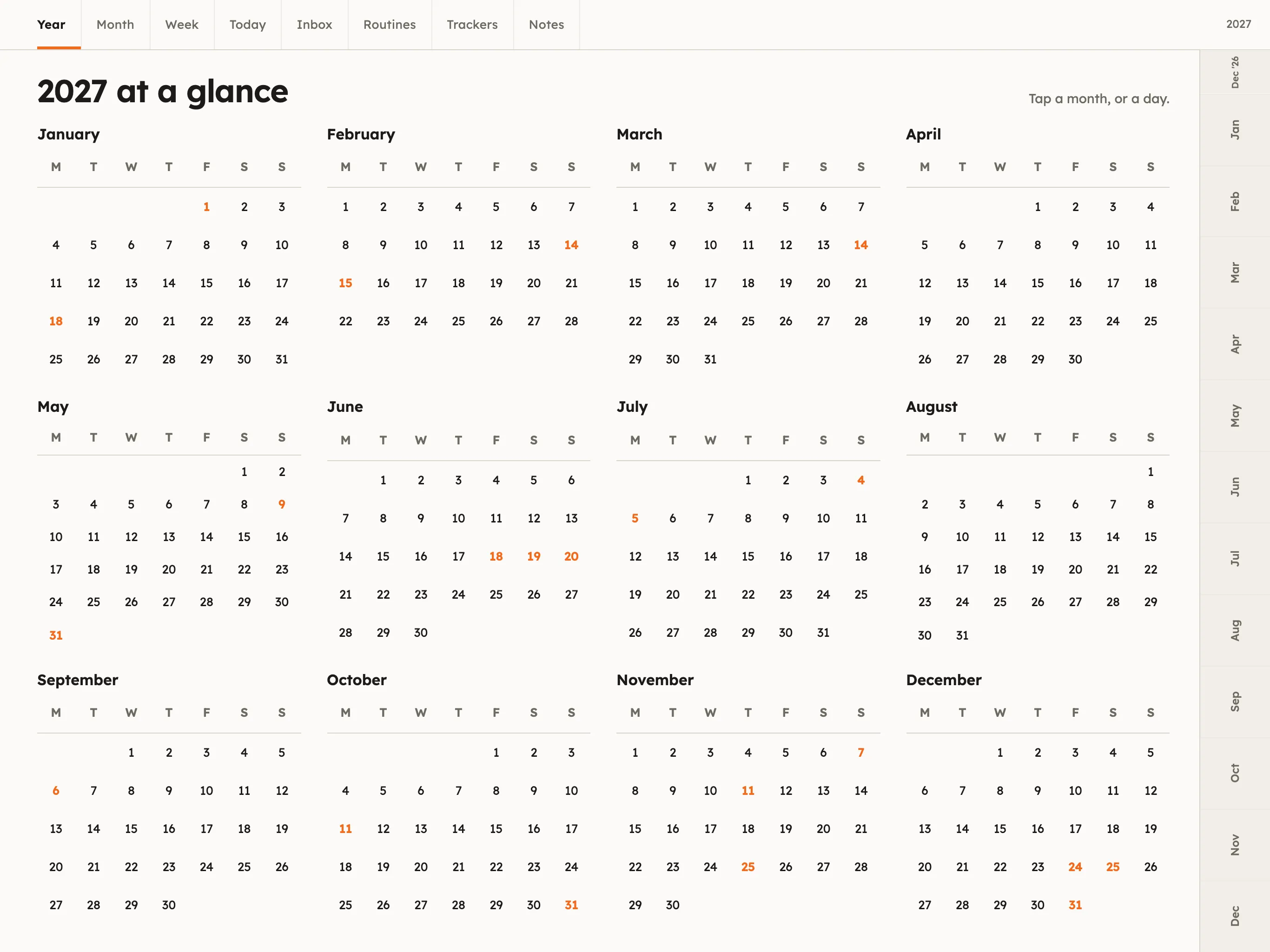 Year at a glance page for 2027: twelve mini month grids, holidays in orange, every date tappable